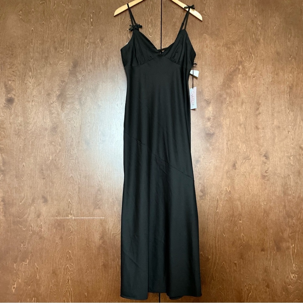 Crystal Doll Black Satin Slip Dress Bow Straps Event Wedding Guest Party Glam L - Picture 3 of 10